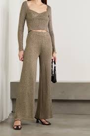 Green knitted elastic pants in cotton. Army Green Daisy Metallic Stretch Knit Wide Leg Pants Staud Net A Porter