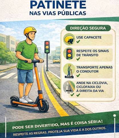 🛴 CUIDADOS AO ANDAR DE PATINETE O patinete é prático e sustentável, mas  exige responsabilidade no trânsito. Confira algumas orientações  importantes: ✔️ Use capacete e equipamentos de proteção 🚦 Respeite os  sinais