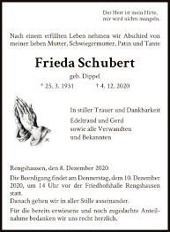 Traueranzeigen von Frieda Schubert