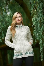 100 Merino Wool Zip Cardigan With Shamrock Design Oatmeal Colour