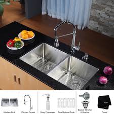 50/50 double bowl kitchen sink with bottom grid: Kraus Khu102 33 Kpf1612 Ksd30ch Stainless Steel Chrome Kitchen Combo 32 3 4 Undermount 50 50 Double Bowl 16 Gauge Stainless Steel Kitchen Sink With Pre Rinse Kitchen Faucet And Soap Dispenser Faucetdirect Com