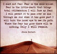 I Must Not Fear Fear Is The Mind Killer Fear Is The Little Death That Brings Total Obliteration Spiritualcleansing Org Love Wisdom Inspirational Quotes Images