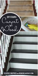 The stick on carpet for stairs give ease, cozy and also pretty interest (color, pattern, style, etc.). Remodelaholic Under 100 Carpeted Stair To Wooden Tread Makeover Diy