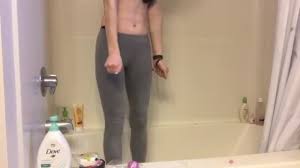 Paisley hunter masturbates in latex and stockings with a dildo. Desperate Wetting Grey Leggings And Masturbating