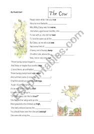 The Cow By Roald Dahl A Rhyme From Dirty Beasts Esl Worksheet By Jennyber