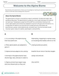 These biome project outline sheets are for students to add details on the plants, animals, climate, location and soil for each biome. Welcome To The Alpine Biome Worksheet Education Com