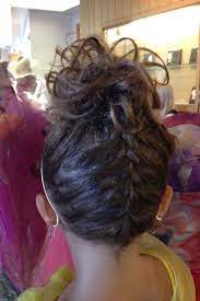 Updo For A Dance Recital Backwards French Braid With Curly Bun On Top Dance Hairstyles Gymnastics Hair Braided Hairstyles