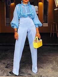 Light Blue Ruffle Round Neck Lantern Sleeve Elegant Party Blouse Blouses Tops