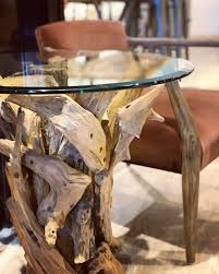 Go Au Naturale With Our Unique Driftwood Tables Each Of These Artfully Creative Pieces Are Interesting Functional With A Gla Driftwood Table Glass Top Table