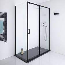 Give Your Bathroom A Designer Look With The Milano Nero Black Sliding Shower Door Enclosure And Slate Effect Shower Enclosure Shower Doors Sliding Shower Door