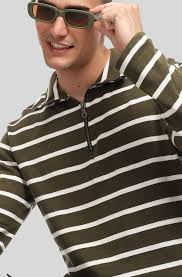 Gritstones Olive White Self Design Zipper T-Shirt