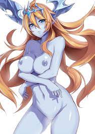 ass visible through thighs bad id bad pixiv id blonde hair blue  eyes blue skin blush breast hold breasts commentary request cowboy shot  crossed arms demon girl female floating