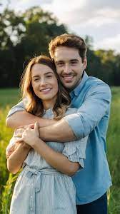 Cheerful couple hugs each other tender standing on the green field |  Premium AI-generated image