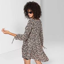 Women S Floral Print Long Sleeve Round Neck Tiered Babydoll Mini Dress Wild Fable Black Target Long Sleeve Print Dress Target Clothes Mini Dress