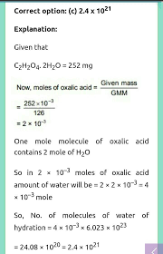 N= = 5 mol e.g 2: How Many Molecules Of Water Of Hydration Are Present In 252mg Of Oxalic Acid Brainly In