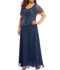 Jkara Plus Size Beaded Short Sleeve Long Gown