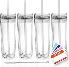 Buy Skinny Tumblers 4 Clear Acrylic Tumblers With Lids And Straws 16oz Double Wall Clear Plastic Tumblers Free Straw Cleaner Name Tags Bulk Reusable Cups With Straw Insulated