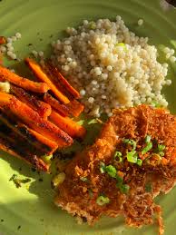 Place on the lined tray. Crispy Parmesan Chicken With Garlic Herb Couscous Roasted Carrots Hellofresh