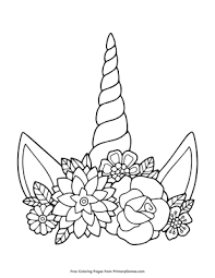 This coloring page shows a unicorn's head with a mane that is curly on top and straight on the bottom. Unicorn Horn And Flowers Coloring Page Free Printable Pdf From Primarygames