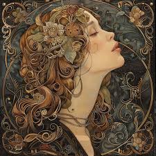 Retrato femenino Art Nouveau con flores líneas suaves motivos naturales