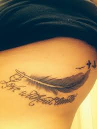 Birds Of A Feather Saying Rib Tattoo Saying Love Without Limits With Three Birds And Feather Rib Tattoos For Women Rib Tattoo Tattoo Designs