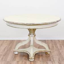 This Shabby Chic Dining Table Is Featured In A Solid Wood With A Distressed White P Shabby Chic Round Dining Table Shabby Chic Dining Tables Shabby Chic Dining