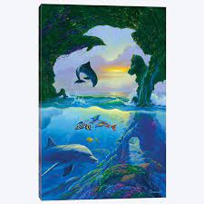 Seven Dolphins Canvas Wall Art By Jim Warren Icanvas In 2021 Dolphin Art Sea Life Art Underwater Painting