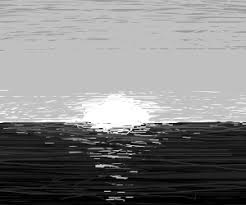 Gray sunset with water sea surface, black and white perspetive landscape in sunny fog, soft grayscale vector background. Ocean Sunset Drawing Black And White