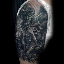Religious angel with skull and clock tattoo design for full sleeve. Top 73 Religious Sleeve Tattoo Ideas 2021 Inspiration Guide