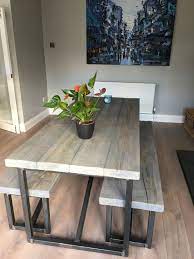 Industrial Style Reclaimed Wood Grey Washed Dining Table And Benches Www Reclaimedbespoke Dining Table With Bench Industrial Dining Table Kitchen Table Wood