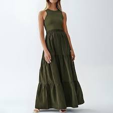 Staron Army Green Beach Dresses for Women Crew Neck Sleeveless Dress  Smocked Elastic Waist Tiered Pleated A Line Flowy Maxi Long Casual Spring  Sundress M - Walmart.ca