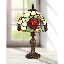 14.5 in. Indian Rose Antique Bronze Table Lamp with Tiffany Art Glass Shade