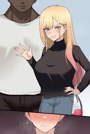 chihel, gojou wakana, kitagawa marin, sono bisque doll wa koi wo suru,  absurdres, highres, 1girl, 2boys, black pants, black sweater, blonde hair,  blue pants, cowboy shot, dark-skinned male, dark skin, denim, ear piercing,  earrings, gradient hair, hetero ...