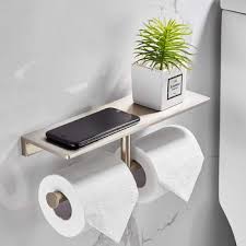 Wall mount toilet paper holder with accessory shelf. Double Brushed Nickel Toilet Paper Holder Brass Wall Mounted Tissue Roll Holder Modern Bathroom Paper Towel Holder With Shelf Bathroom Paper Towel Holder Toilet Paper Holder Paper Towel Holder