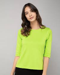 Buy Neon Green Plain 3/4 Sleeve T-Shirt For Women Online India ...