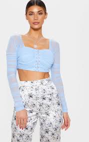 Light Blue Ruched Lace Up Detail Mesh Crop Top Blue Crop Tops Light Blue Crop Top Crop Top Outfits