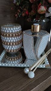 Kit Difusor Porta Escovas E Bandeja De Strass Com Perolas Artesanato Em Vidro Vidros De Perfume Artesanato Com Perola