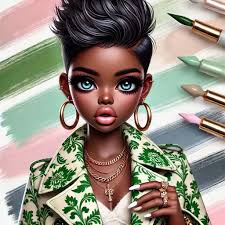 Remix A hyper-realistic illustration of a cute Black woman with a spiral  curls faux hawk hairstyle. She is wearing a pink and white floral pattern  trench coat with a white dress underneath.