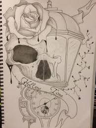 Skull Lantern Rose Banner Scroll Time Clock Candle Tree Flower Drawing Illustration Skull Art Drawing Clock Drawings Skull Drawing