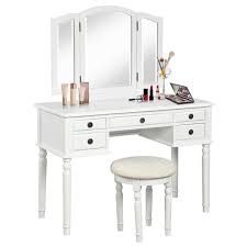 Tri Fold Mirror Table Stool Wooden Vanity Make Up Dressing Set White In 2020 White Dressing Tables Wooden Vanity Vanity Set