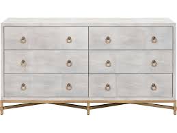 Clean and sleek lines create a look that fits a modern or contemporary interior decoration, adds more brilliance to the house, and integrates with other furniture to create an aesthetic home. Essentials For Living Traditions White Shagreen Brushed Gold Six Drawer Double Dresser Esl6122whtshggld