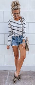 Black And White Striped Long Sleeve Shirt Outfit Summer Outfits White And Black Striped Long Sleeved Shirt And Blue Denim Shorts Stylish Summer Outfits Casual Summer Outfits Summer Outfits