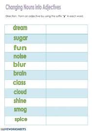 Changing Nouns To Adjectives Interactive Worksheet In 2020 Nouns And Adjectives Adjectives Adjective Worksheet