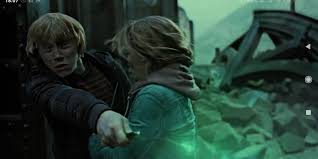 In Harry Potter And Deathly Hallows Part 2 2011 In This Scene Ron And Hermione Conered By The Nagini Thinking They Will Die Now Ron Used Green Spell As We All Know