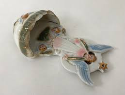 Rare 1890-1914 Art Nouveau "guardian Angel & 3 Cherubs" Hand Painted  Porcelain Holy Water Font