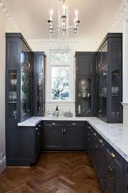 Navy Blue Butler Pantry Cabinets With Brass Cup Pull Hardware Contemporary Kitchen Kitchen Design Contemporary Kitchen Kitchen Remodel