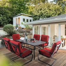 Patio umbrellas provide stylish comfort for outdoor events. 7pc Patio Dining Set With Rectangular Table With Umbrella Hole Spring Motion Chairs Red Captiva Designs Target