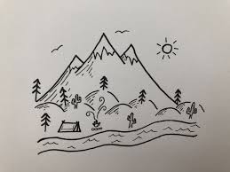 Aesthetic Black And White Cactus Drawing Black And White Line Drawing Travel Cute River Stream Water Tent Campfire Campsite Fire Tree Campfire Drawing Mountain Drawing Black And White Doodle