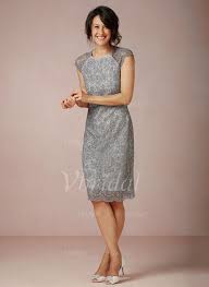 Sheath Column Scoop Neck Knee Length Satin Lace Covered Button Cap Straps Sleeveless No Silver Spri Mother Of Groom Dresses Mothers Dresses Shift Wedding Dress