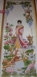 260 x 176 colour no's. Oriental Geisha Girl Japanese Chinese Garden Cross Stitch Charts Patterns For Sale